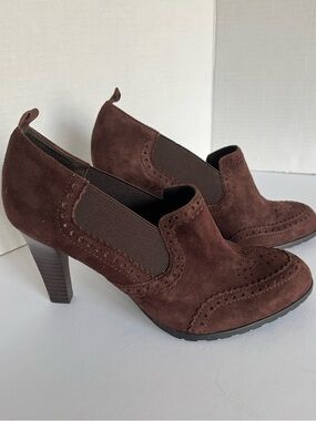 Womens Lauren Ralph Lauren Brown Suede Elastic Slip On Brogue Heels Pumps 8.5 M